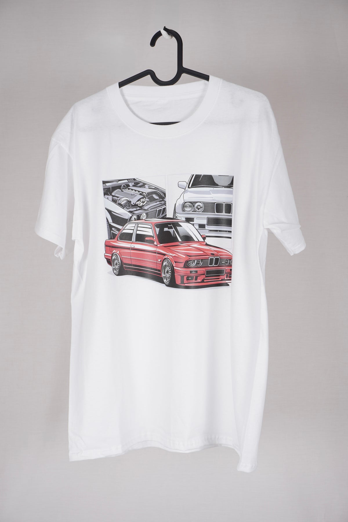 BMW E30 klassisk bil-t-shirt – retro bilgrafik-tröja storlek M
