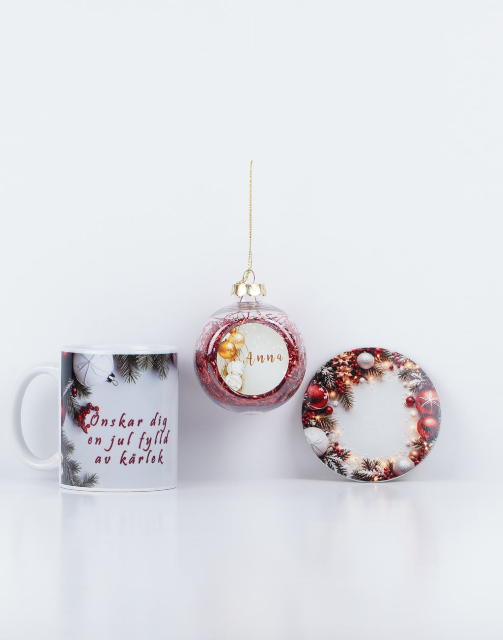 Personalized Christmas Gift Set – Name Ornament, Mug & Coaster
