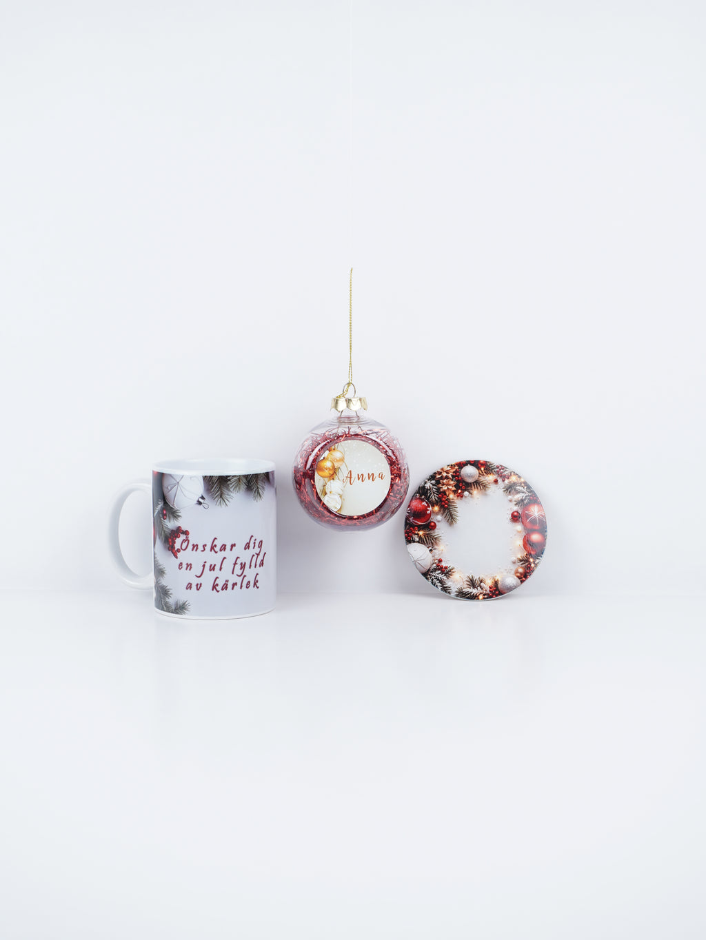 Personalized Christmas Gift Set – Name Ornament, Mug & Coaster