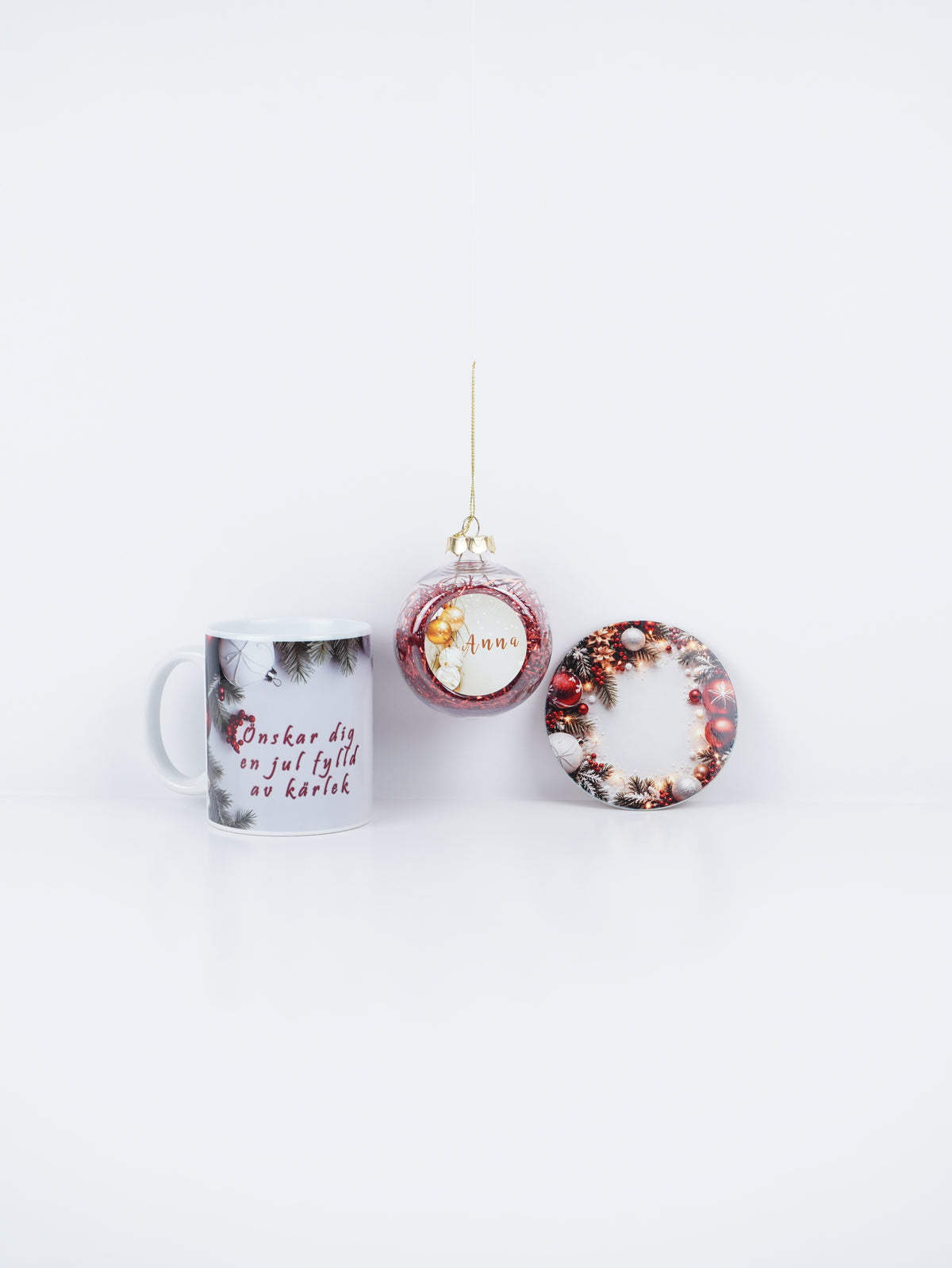 Personalized Christmas Gift Set – Name Ornament, Mug & Coaster