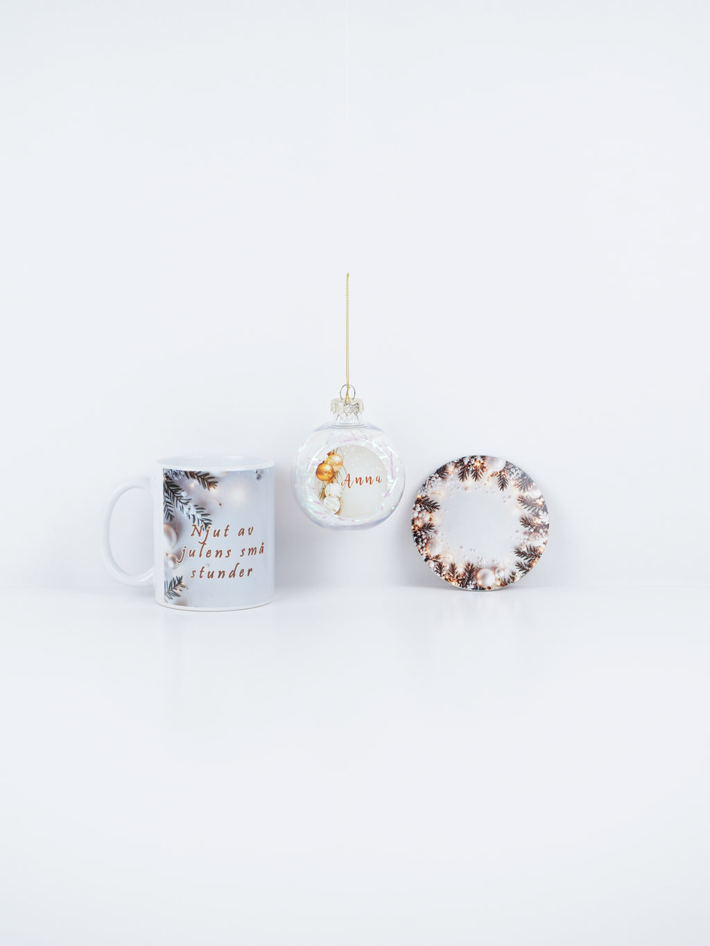 Personalized Christmas Gift Set – Festive Mug, Custom Name Bauble & Coaster