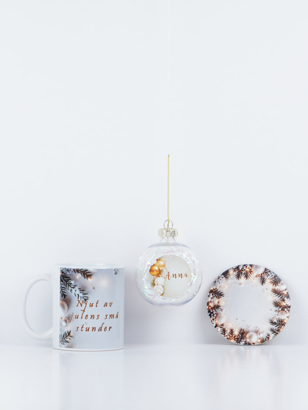 Personalized Christmas Gift Set – Festive Mug, Custom Name Bauble & Coaster