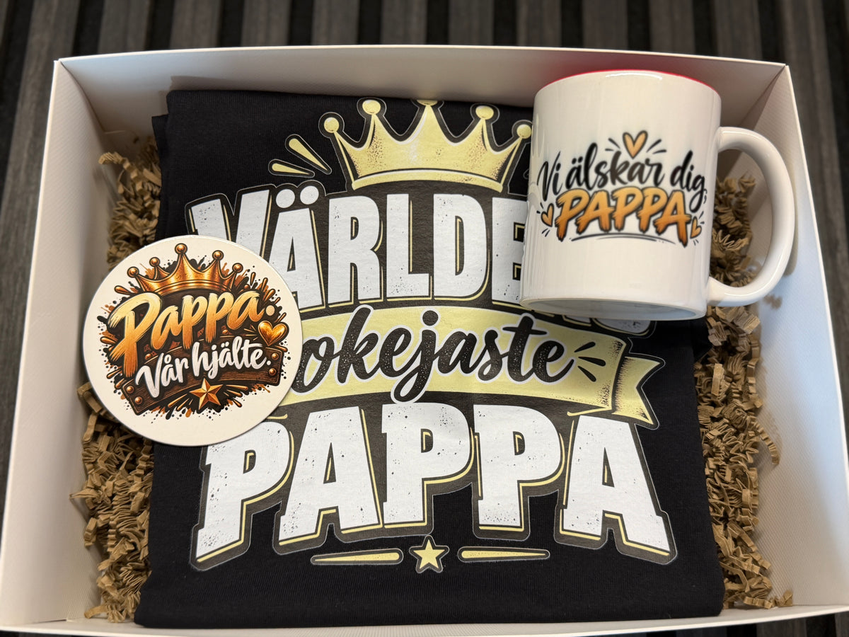 Världens bästa pappa-presentlåda – T-shirt, mugg & glasunderlägg